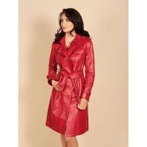 VTG Terry Lewis Mob Wife Baddie Red Leather Belted Trench Coat Size L